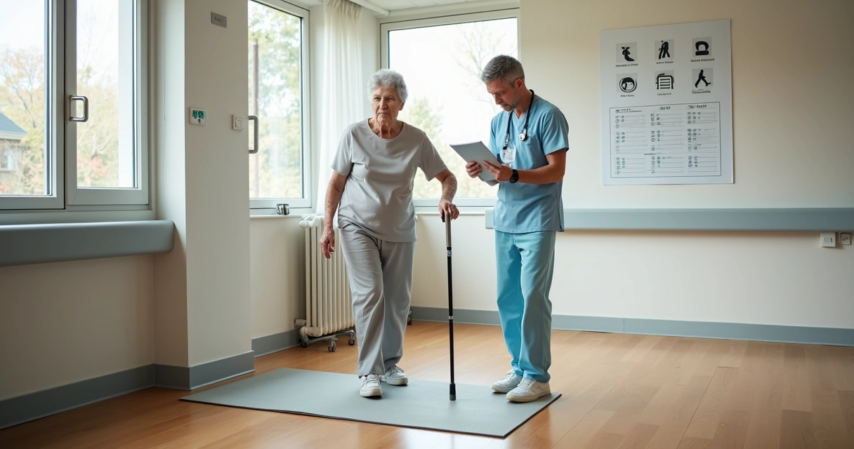 Enfermeira avaliando equilíbrio de idoso com bengala em sala de avaliação funcional 
