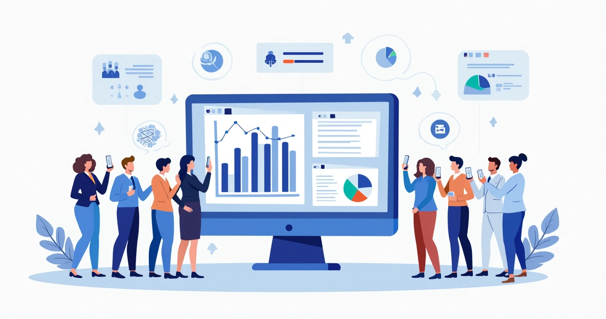 Ilustração corporativa mostrando análise de risco reputacional em campanhas com microinfluenciadores, com gráficos, ícones de segurança e pessoas usando celulares 