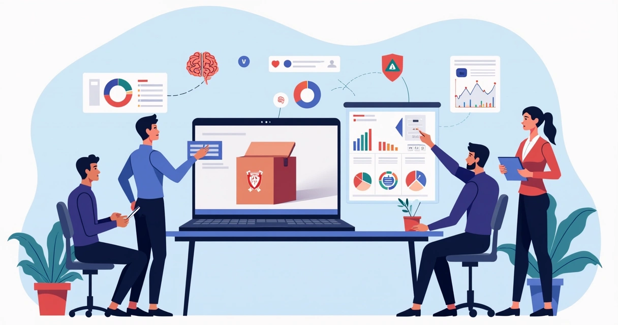 Ilustração de equipe avaliando risco reputacional em vídeo de unboxing de produtos 