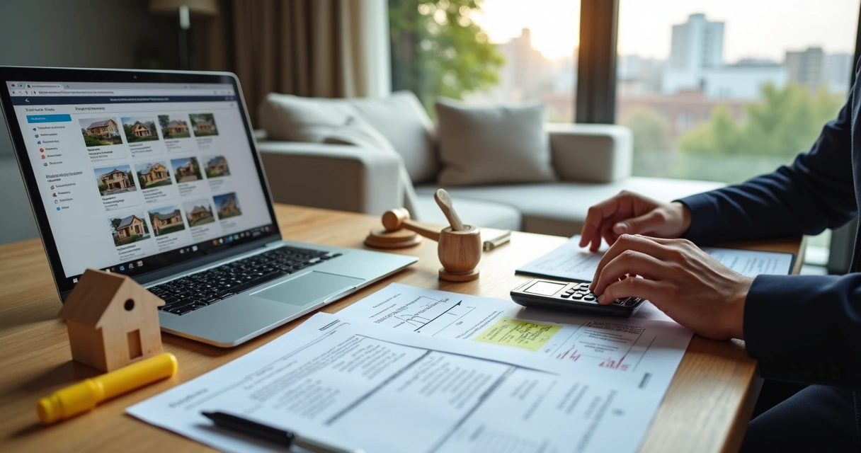 Investidor analisando riscos de um imóvel em leilão com documentos e computador 