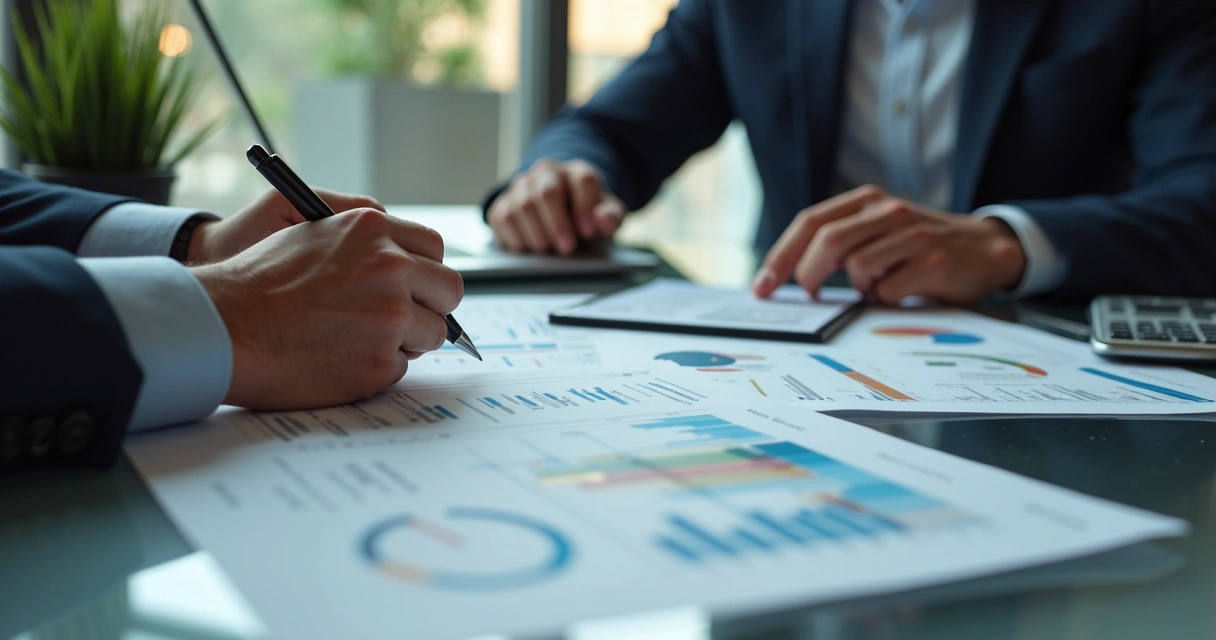 Dois profissionais analisando documentos financeiros e gráficos em laptop durante reunião de negócios 
