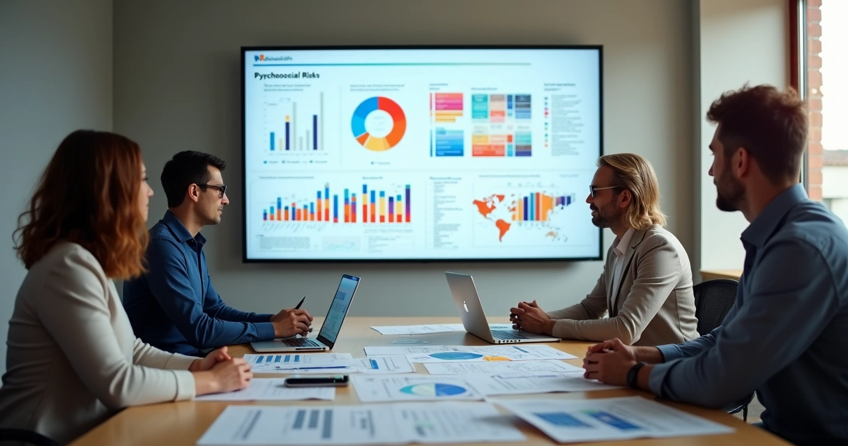 Reunião de RH com gráficos e relatórios de riscos psicossociais sobre a mesa 