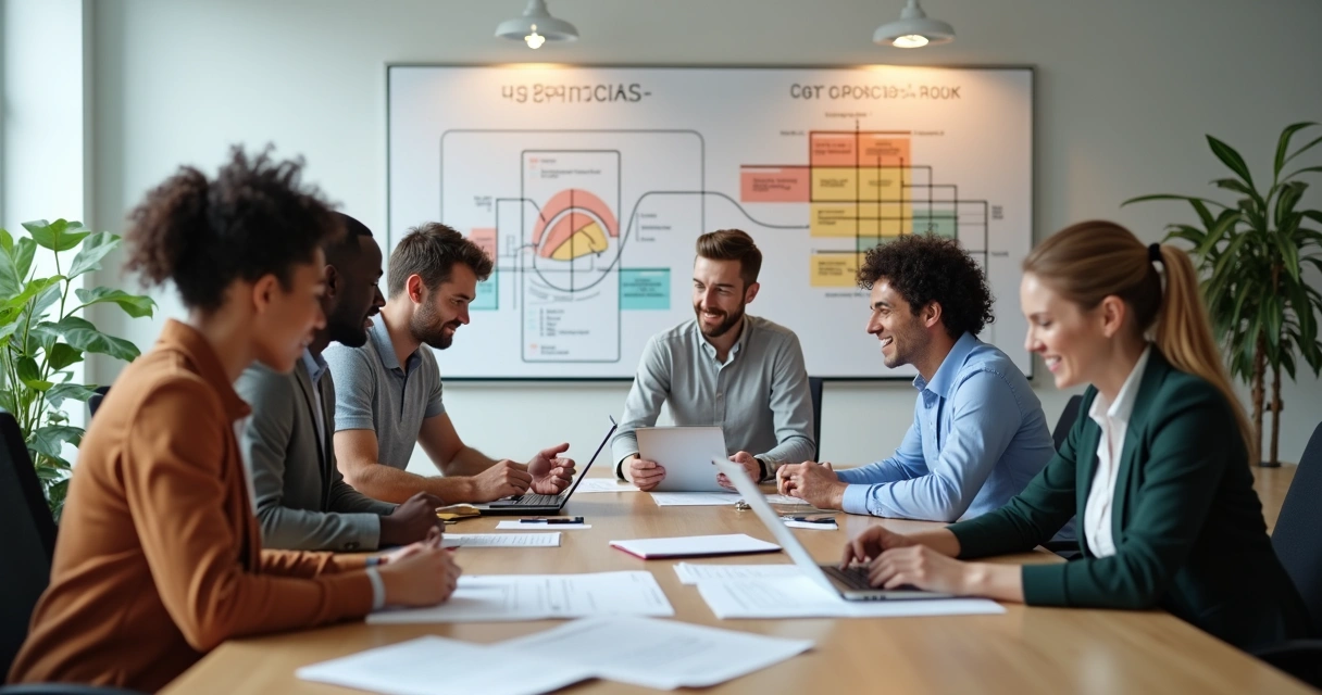 Equipe de RH e trabalhadores reunidos analisando documentos de avaliação de riscos psicossociais 