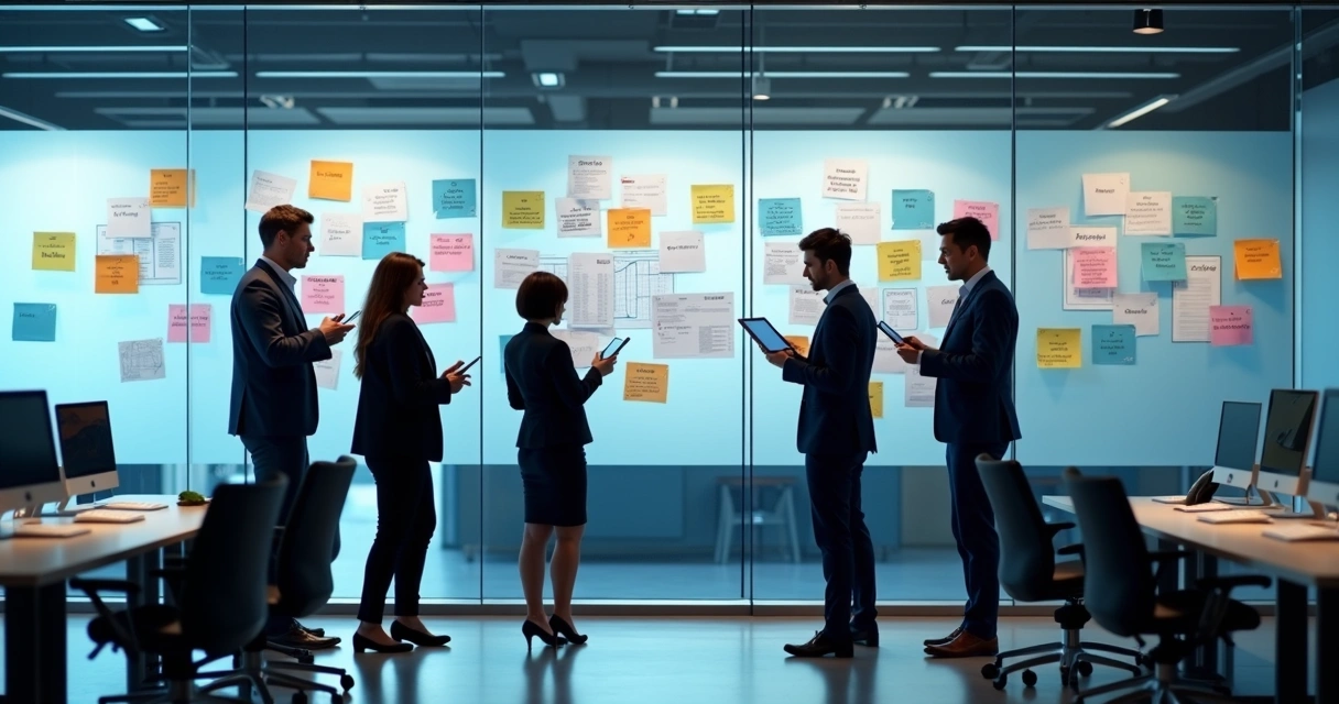 Equipe analisando matriz de riscos em parede de vidro 