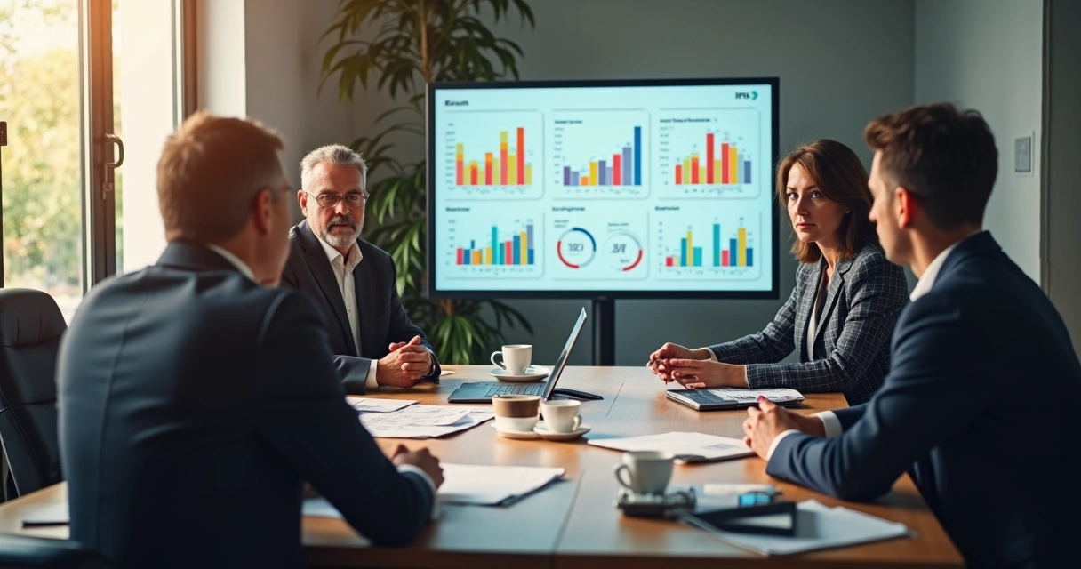 Executivos avaliando gráficos de ROI em uma sala de reunião 