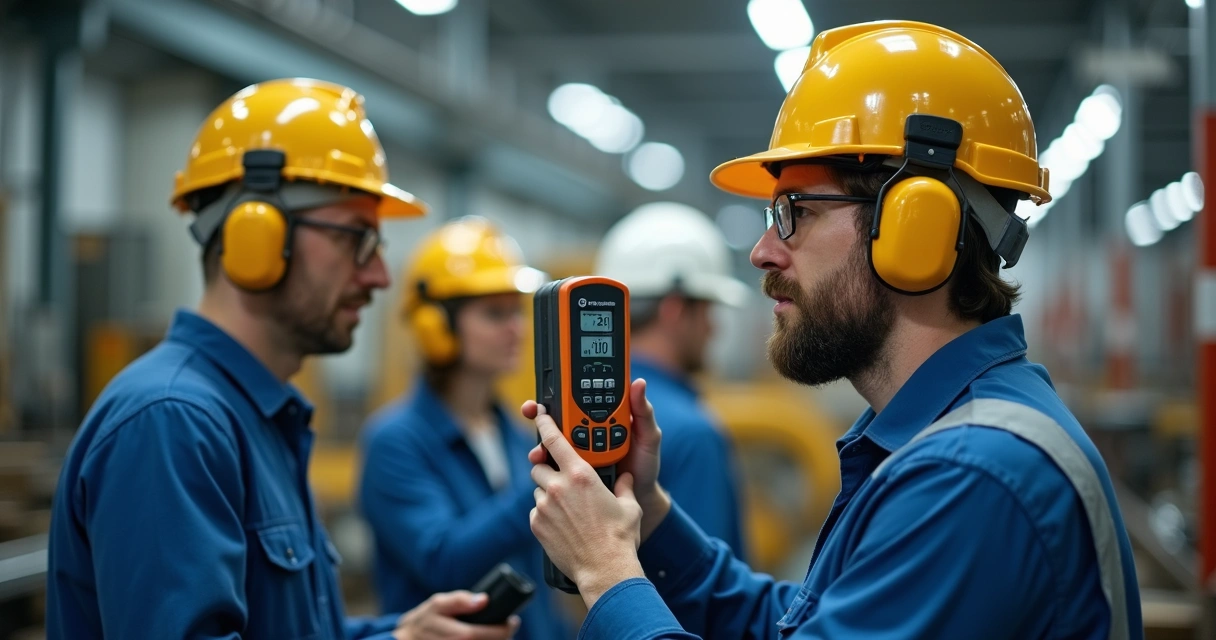Técnico realiza avaliação de ruído em ambiente industrial com equipamentos específicos 