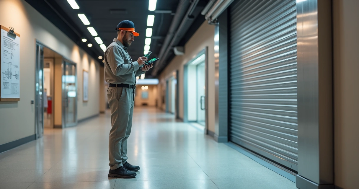 Engenheiro avalia ruído em porta automática de metal com aparelho medidor em corredor comercial 