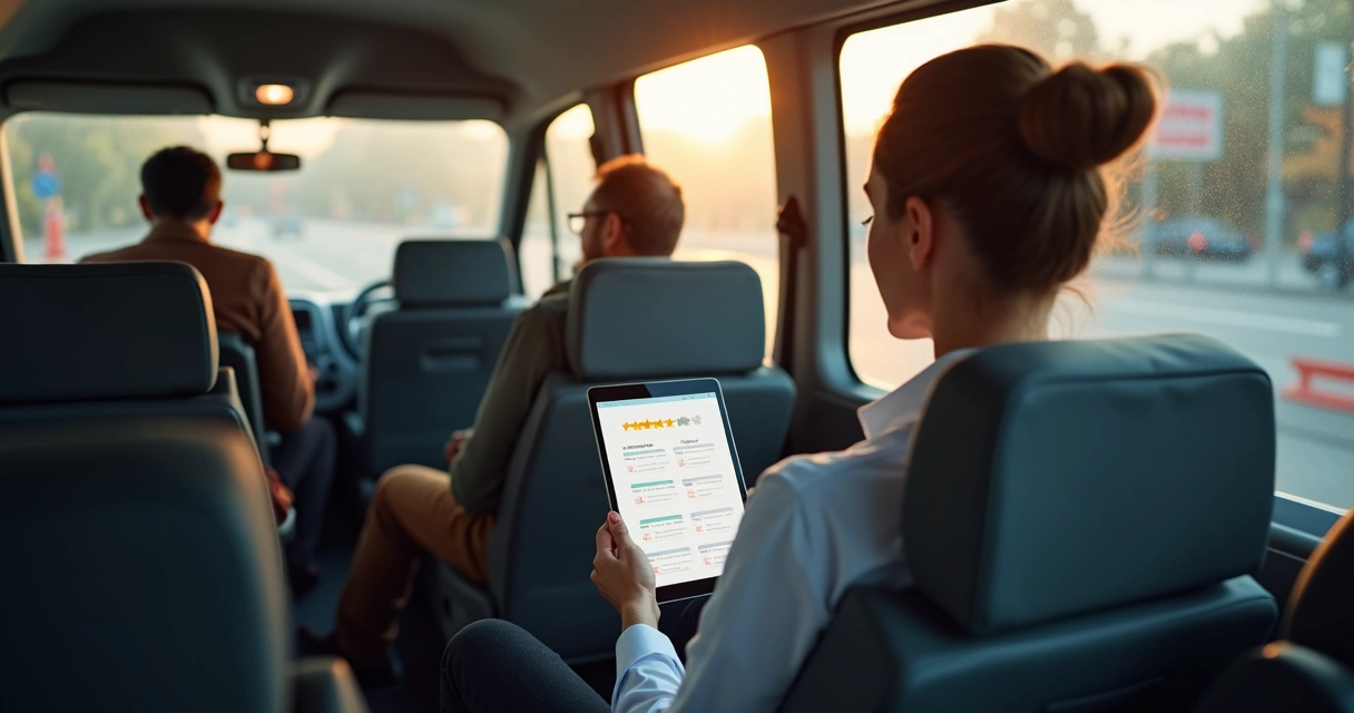 Colaborador preenchendo pesquisa de satisfação com tablet em van corporativa 