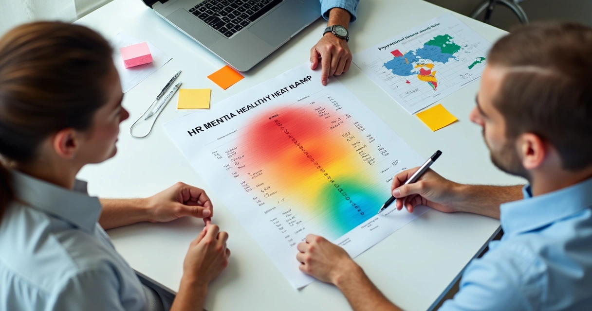 Equipe de RH analisando mapa de calor de saúde mental