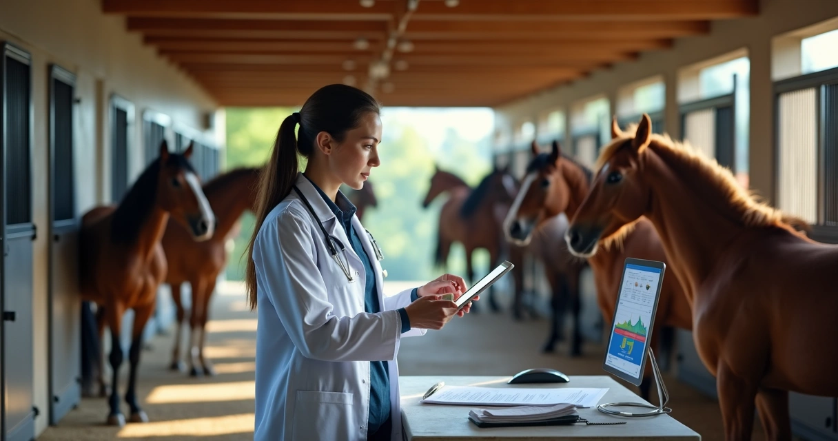 Veterinário analisando dados de saúde de cavalos em tablet num estábulo moderno 