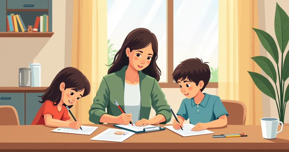 Mãe preenchendo questionário de saúde ao lado dos filhos 