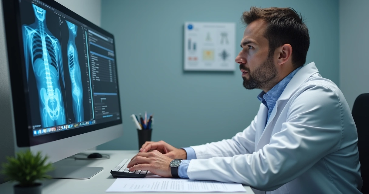 Médico analisando exames em consultório com ambiente discreto 