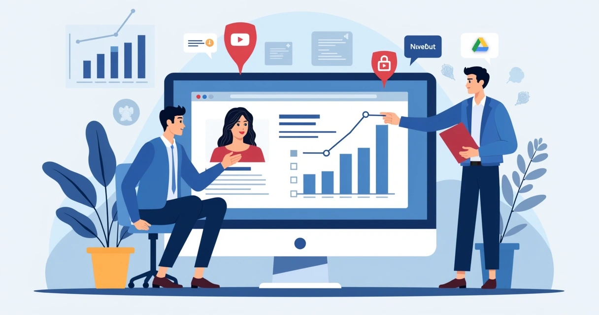 Especialista analisando segurança e métricas de canal YouTube em tela de computador 