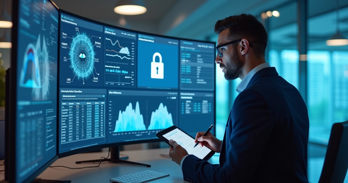 Profissional de TI analisando painéis de segurança de dados 