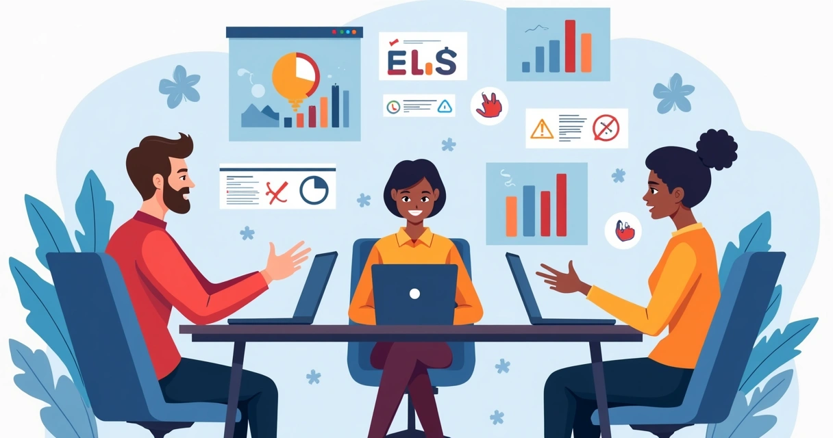 Ilustração corporativa mostrando análise de dados de influenciadores com gráficos, ícones de segurança e rede social 