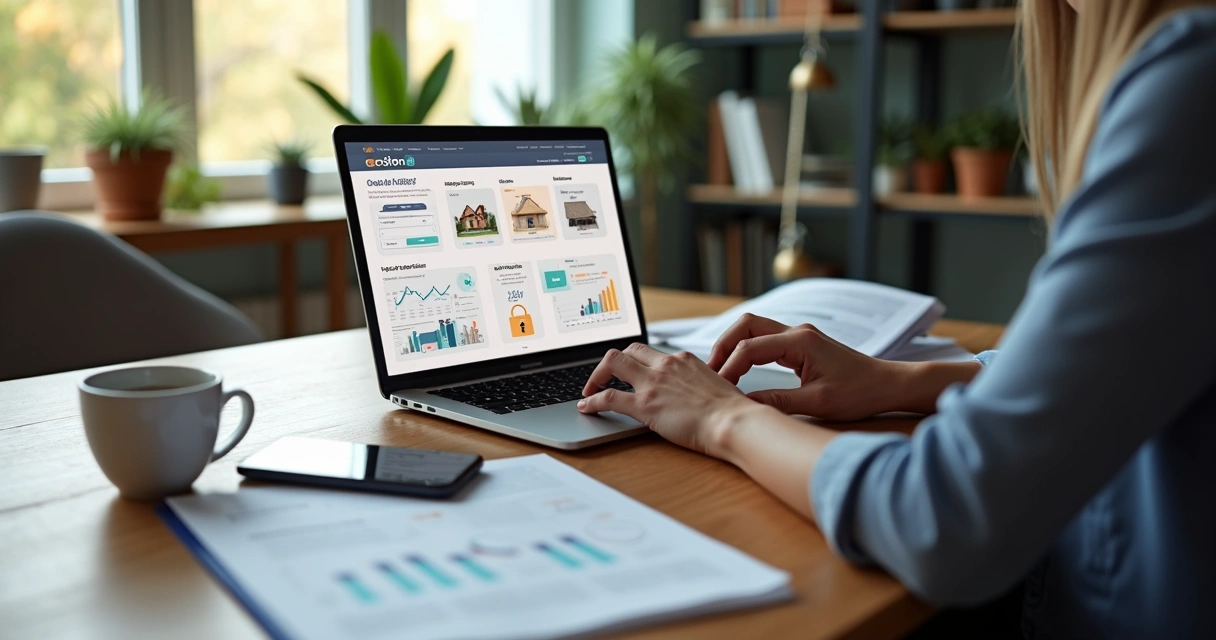 Pessoa analisando site de leilão confiável no notebook, com gráficos e certificados digitais na tela 