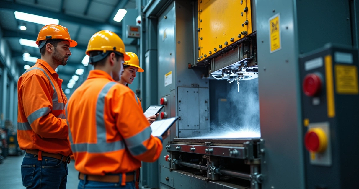 Técnicos analisando máquina industrial nova na fábrica 