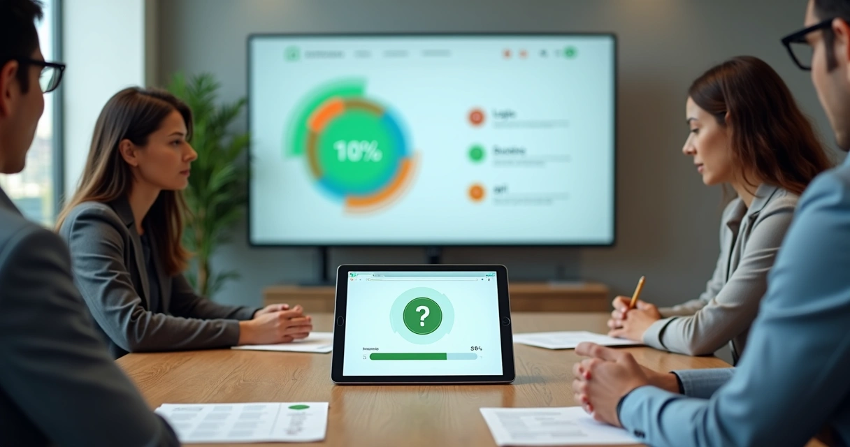 Equipe de negócios avaliando segurança do site em mesa de reunião 