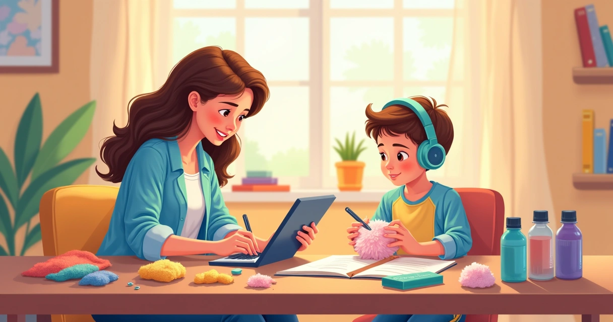 Terapeuta e criança observando materiais sensoriais em uma mesa 