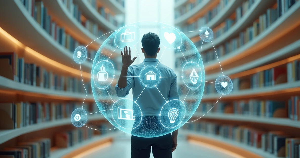 Pessoa em biblioteca circular analisando linhas conectando diferentes áreas da vida em holograma 