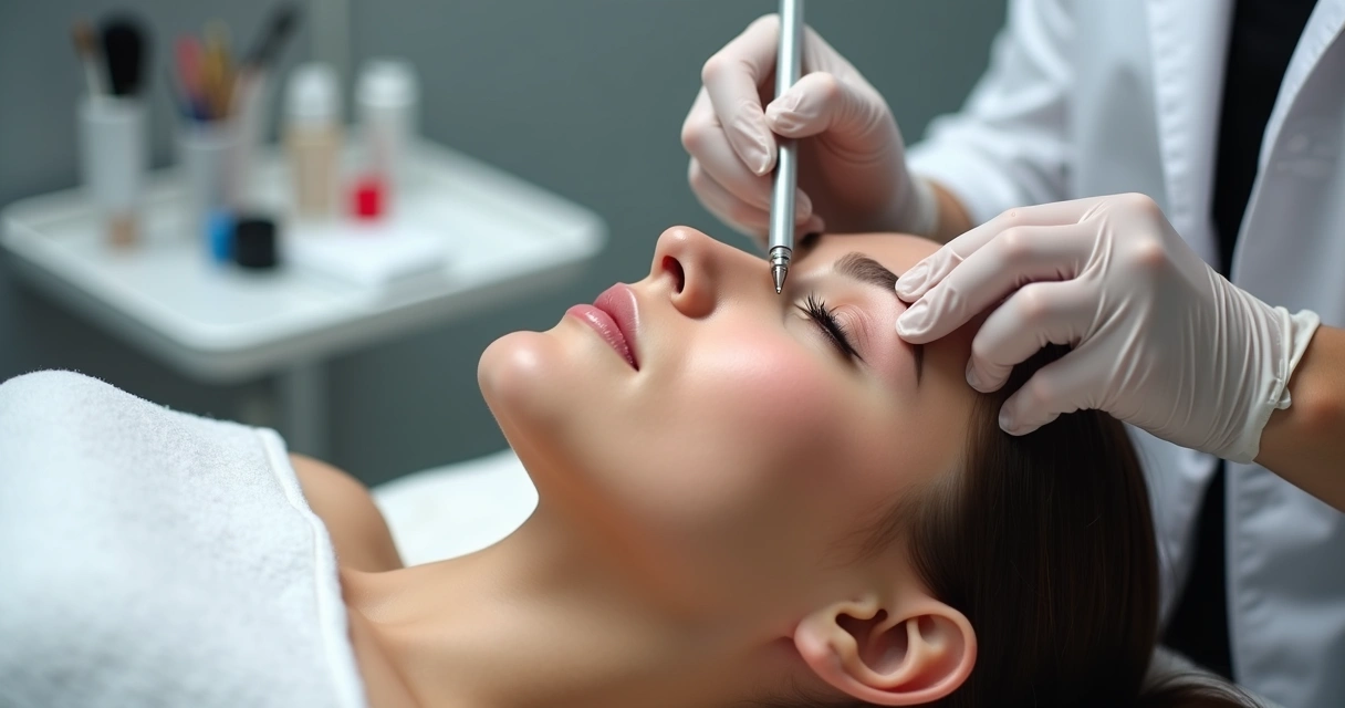 Profissional avaliando pele da sobrancelha com lápis e luvas 