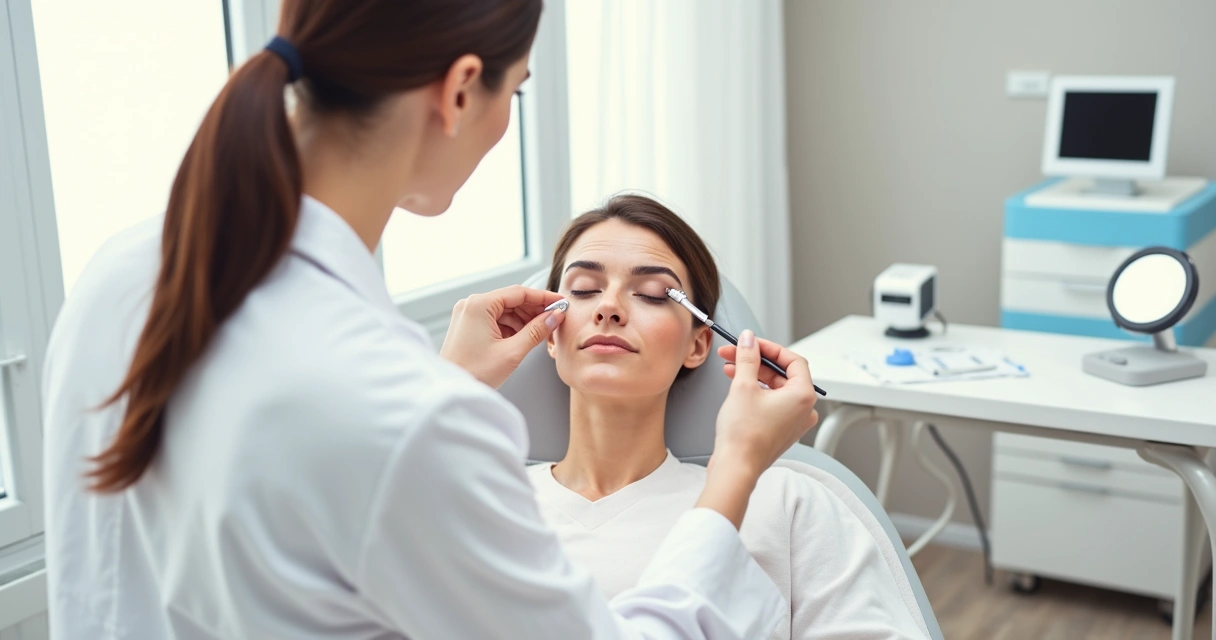 Profissional avaliando sobrancelhas com laser em ilustração clínica 