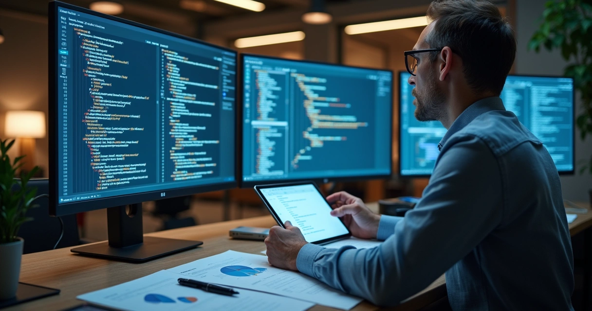 Consultor de software analisando códigos na tela 