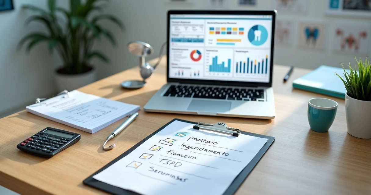 Mesa de reunião com checklist de critérios para software de gestão odontológica ao lado de computador com prontuário eletrônico 