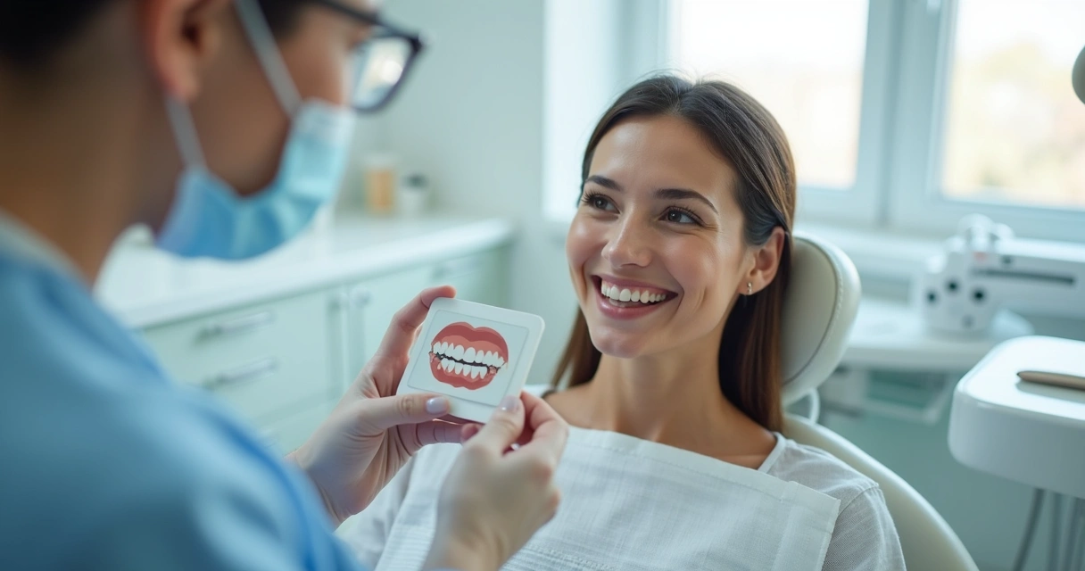 Dentista avaliando sorriso com escala de cor em consultório odontológico