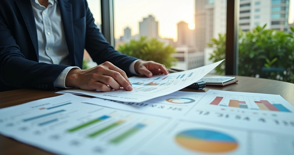 Analista de investimentos examina documentos sobre impacto social e ambiental 