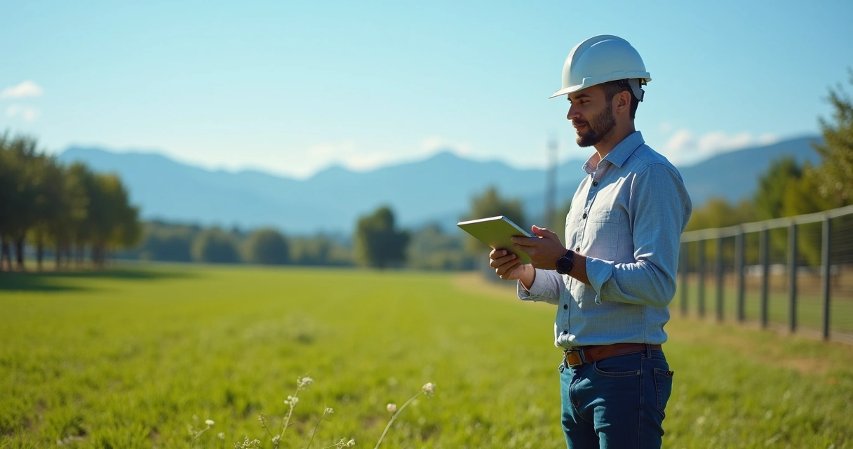Engenheiro avaliando imóvel rural com tablet em campo aberto, árvores e cerca 