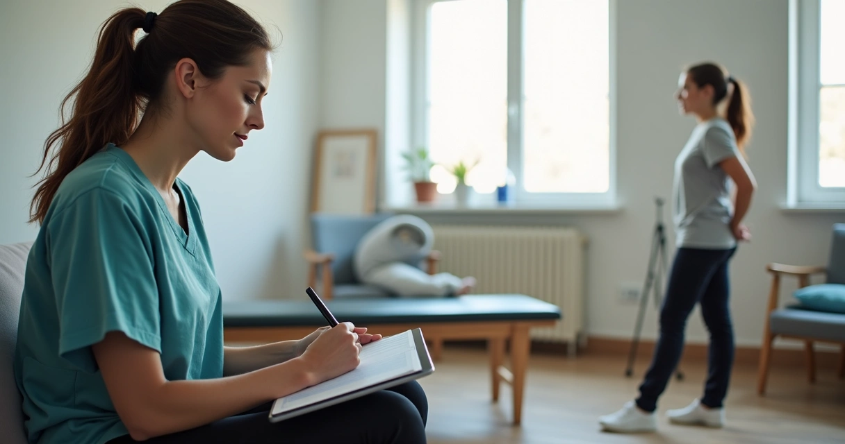 Terapeuta avaliando paciente em consultório moderno 