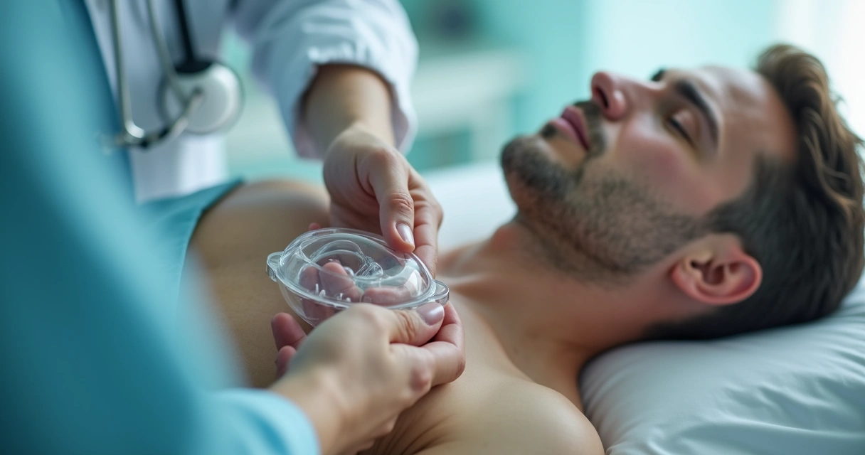 Médico usando orquidômetro para avaliar testículo de paciente pós-operatório