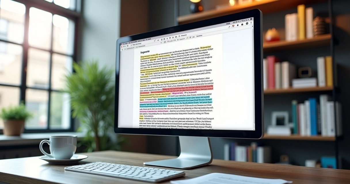 Tela de computador mostrando análise de texto com marcações coloridas 