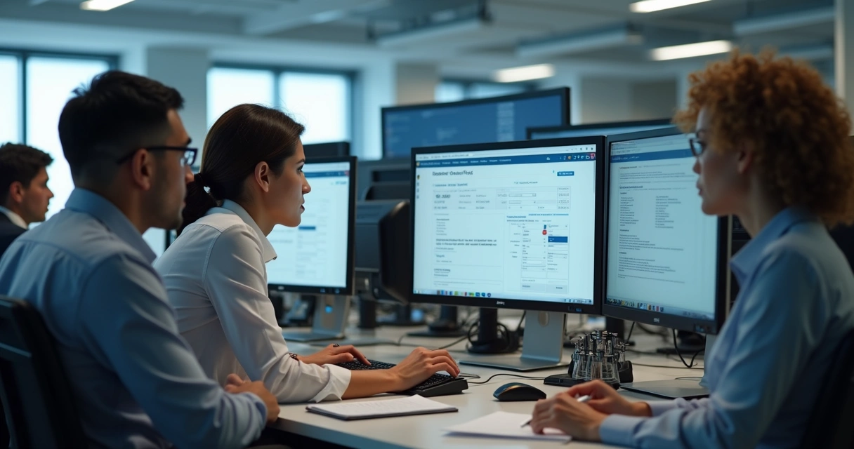 Profissionais testando computadores com sistemas contábeis 