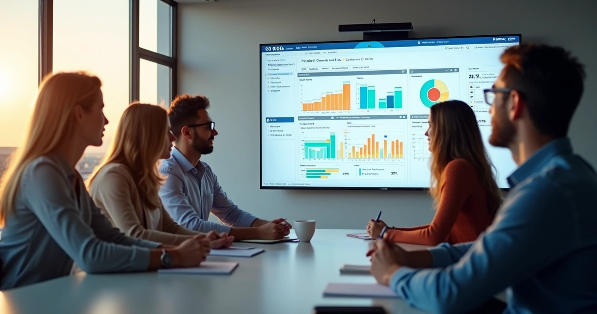 Equipe avaliando demonstração de LMS em sala de reunião
