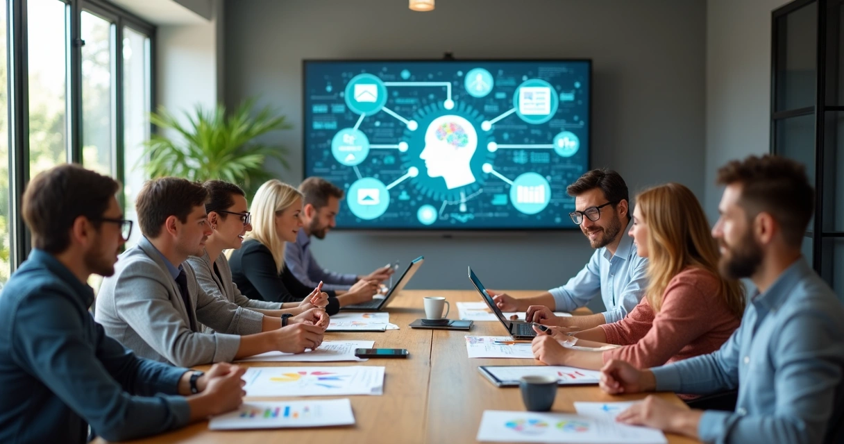 Equipe discutindo avaliação de habilidades profissionais em uma sala iluminada 