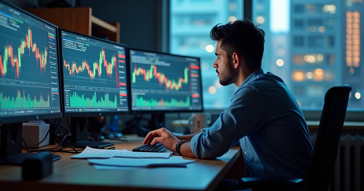 Trader analisando gráficos durante avaliação simulada 