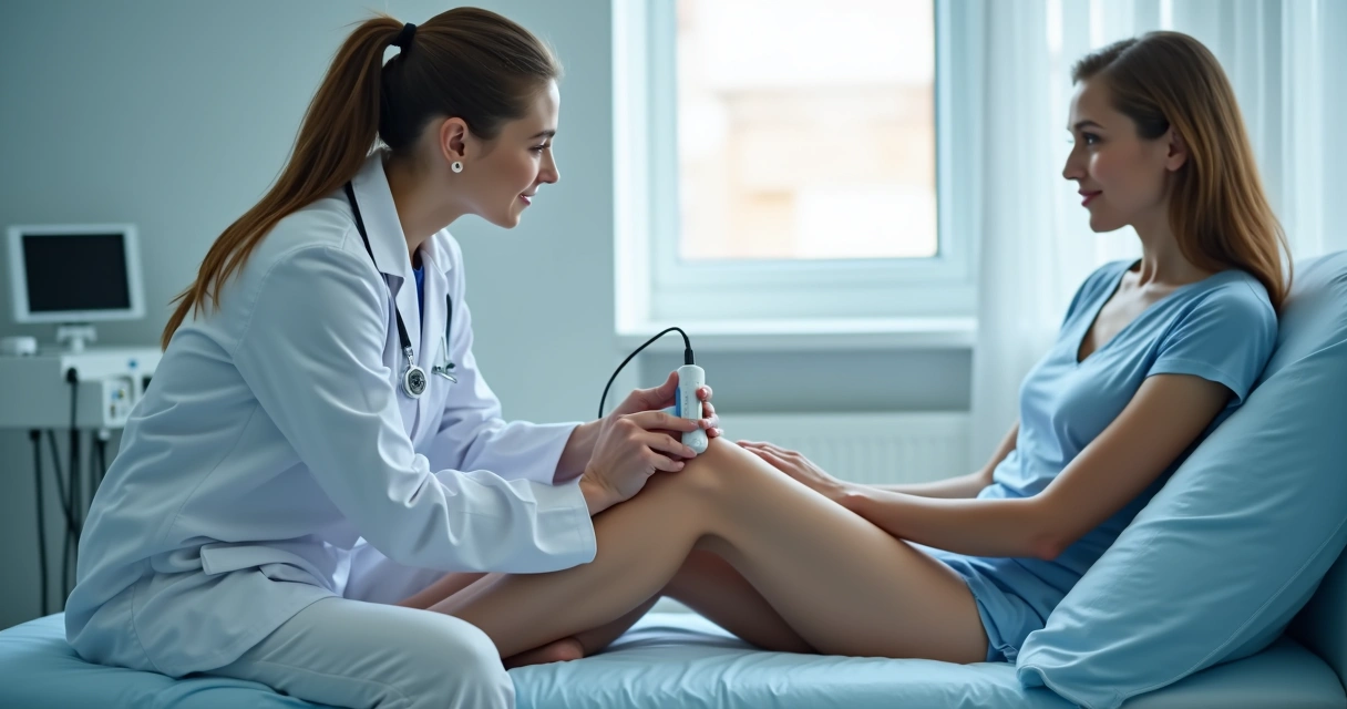 Médico examinando pernas doloridas de paciente em consultório 