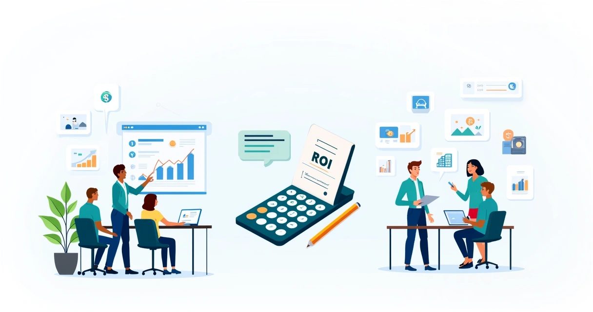 Ilustração que mostra a avaliação de treinamento, ROI e um ambiente de trabalho positivo com gráficos e feedback.