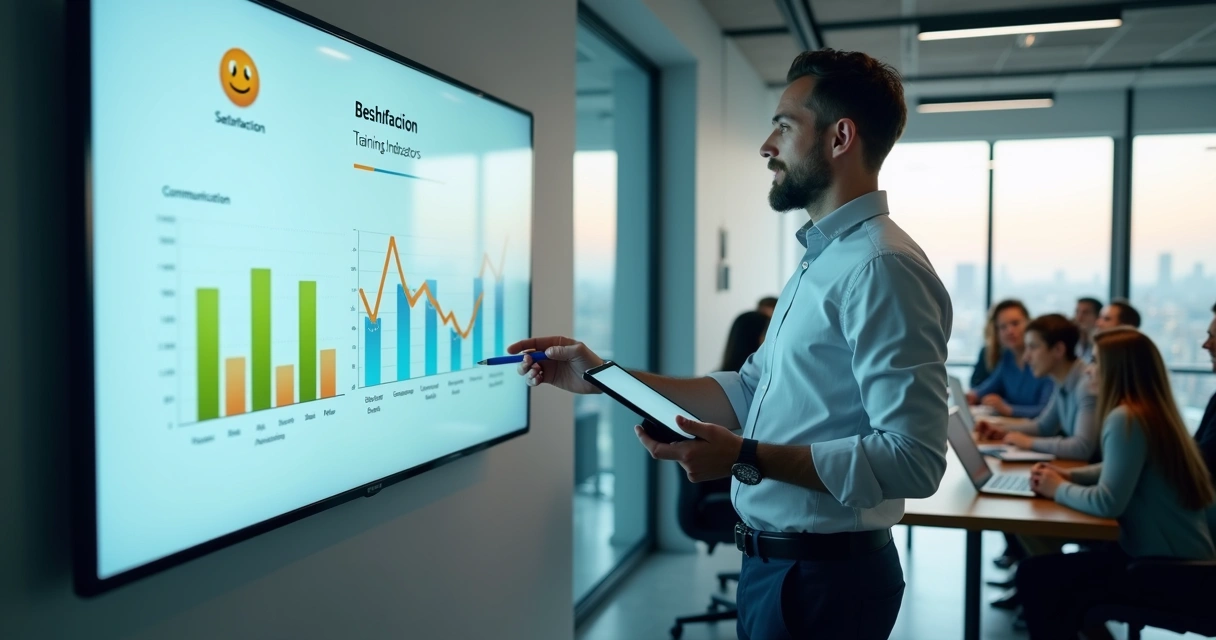 Gestor observa painel comparando satisfação de treinamento e mudança comportamental 
