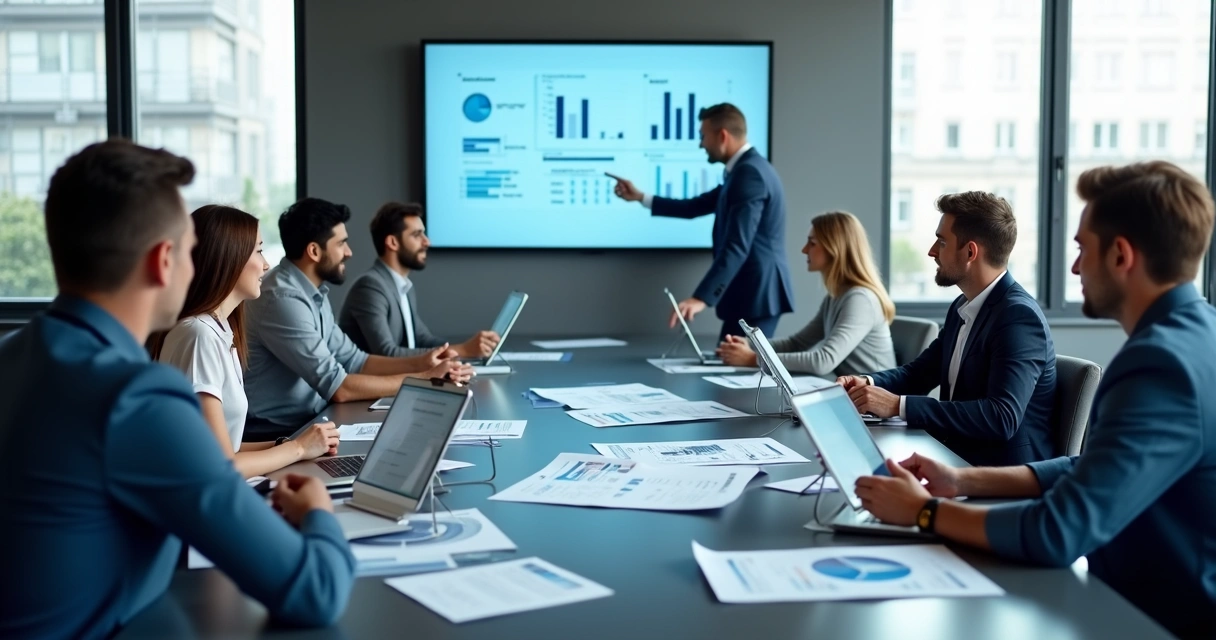 Equipe avaliando treinamento com gráficos e questionários 