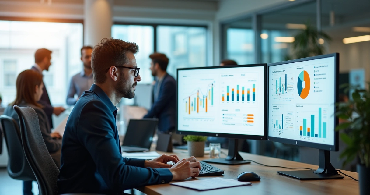 Coordenador analisa gráficos de desempenho de equipe corporativa 