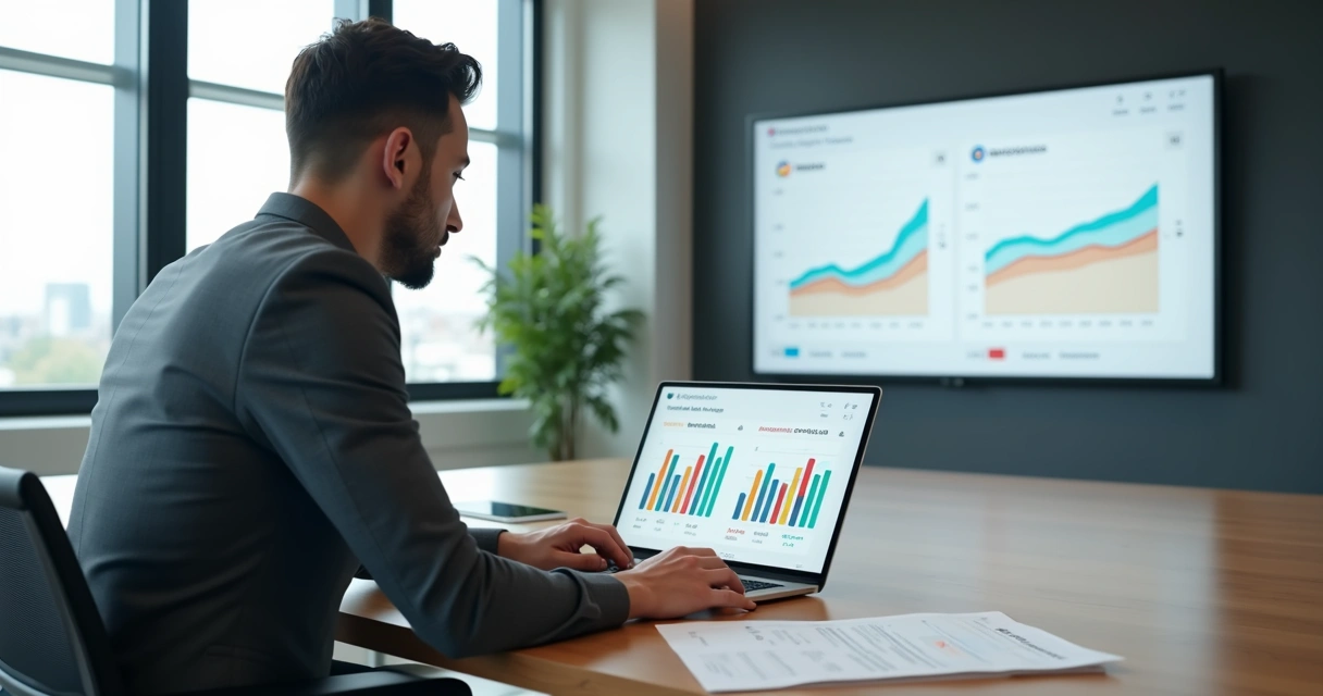 Gestor analisa gráficos comparando diagnóstico inicial e follow-up de treinamento corporativo 