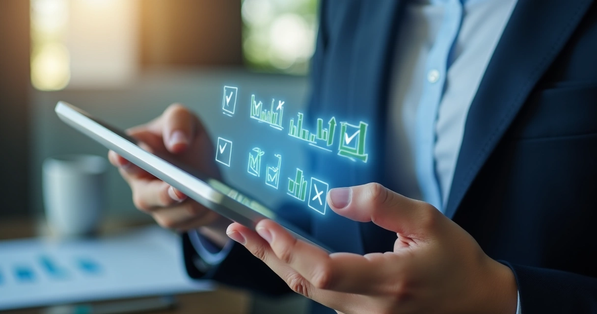 Pessoa preenchendo questionário de avaliação em tablet sobre treinamento corporativo 