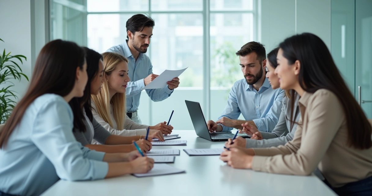 Equipe de RH aplicando avaliação de treinamento em uma sala de reuniões 
