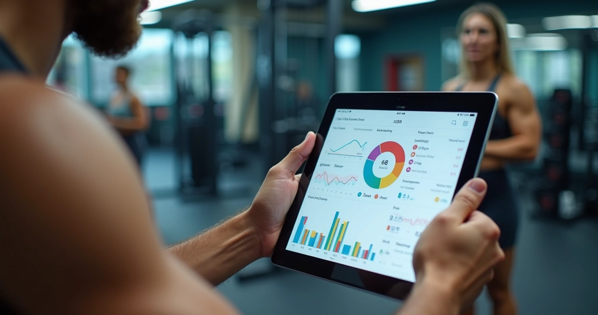 Personal trainer analisando dados em aplicativo de treino 