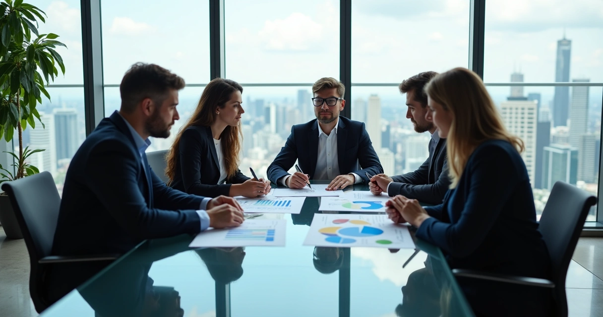 Gestores reunidos analisando gráficos de desempenho após treinamento em sala corporativa. 