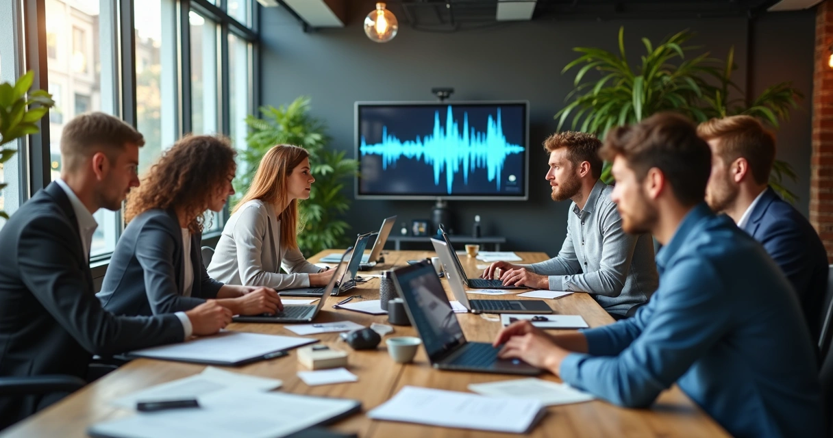 Equipe avaliando opções de trilha sonora em reunião corporativa 