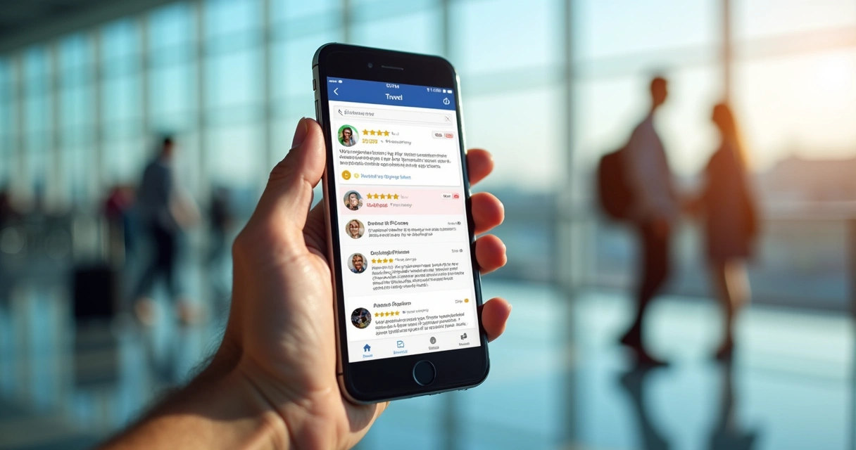 Pessoa usando smartphone para ler avaliações de viagem em site 